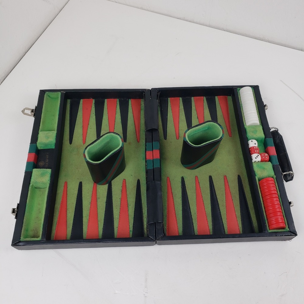 Vintage Skor-Mor Backgammon Set Briefcase Black Green Red Stripe Retro Game